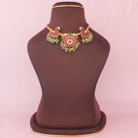 Peacock Design Nantad Chain Necklace With Ruby Stones And Green Beads