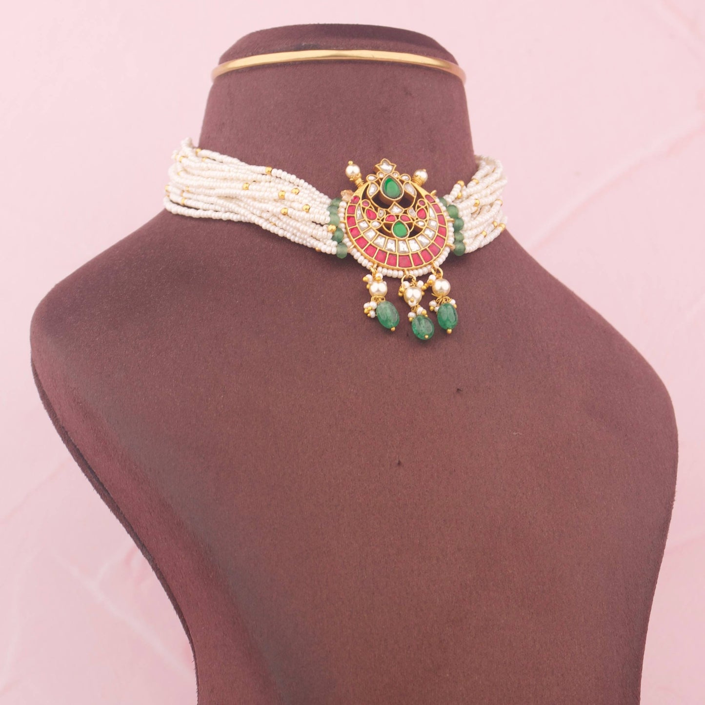 Jadau Kundan Pearl Choker With Emerald Drops