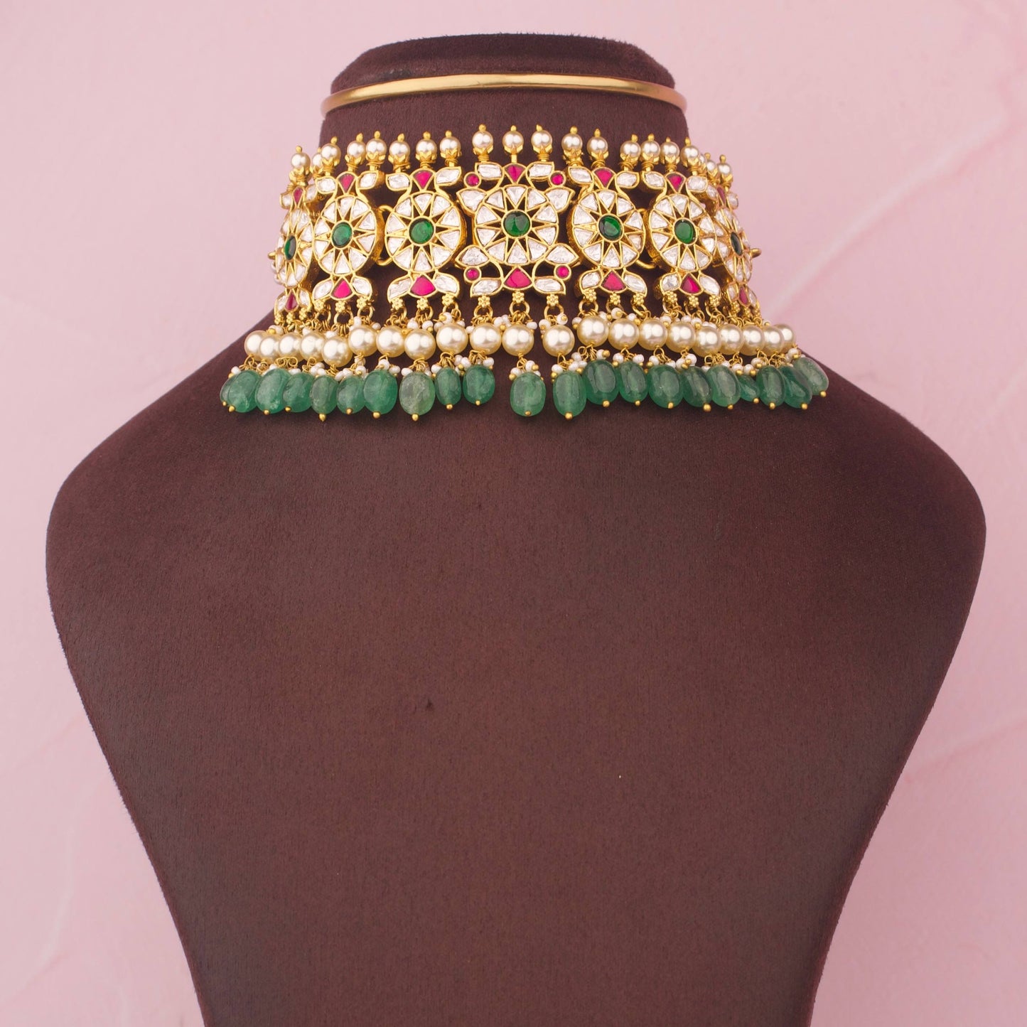 Luxury Jadau Kundan Choker With Green Beads And Pearl Hangings