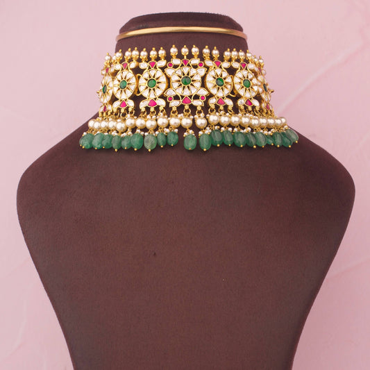 Luxury Jadau Kundan Choker With Green Beads And Pearl Hangings