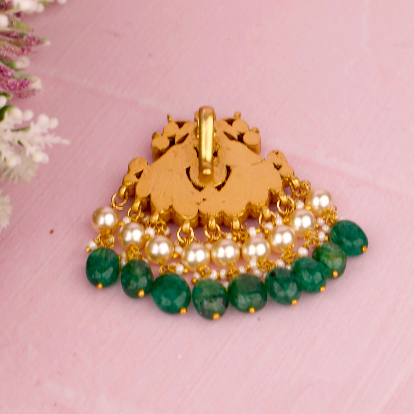 Peacock Jadau Kundan Pendant With Emerald Beads