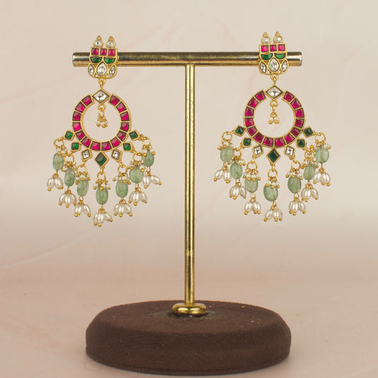 Jadau Kundan Chandbali Earrings With Pearl & Bead Hangings