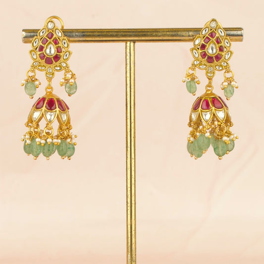 Elegant Design Jadau Kundan Changebsle Jhumki with Green Beads