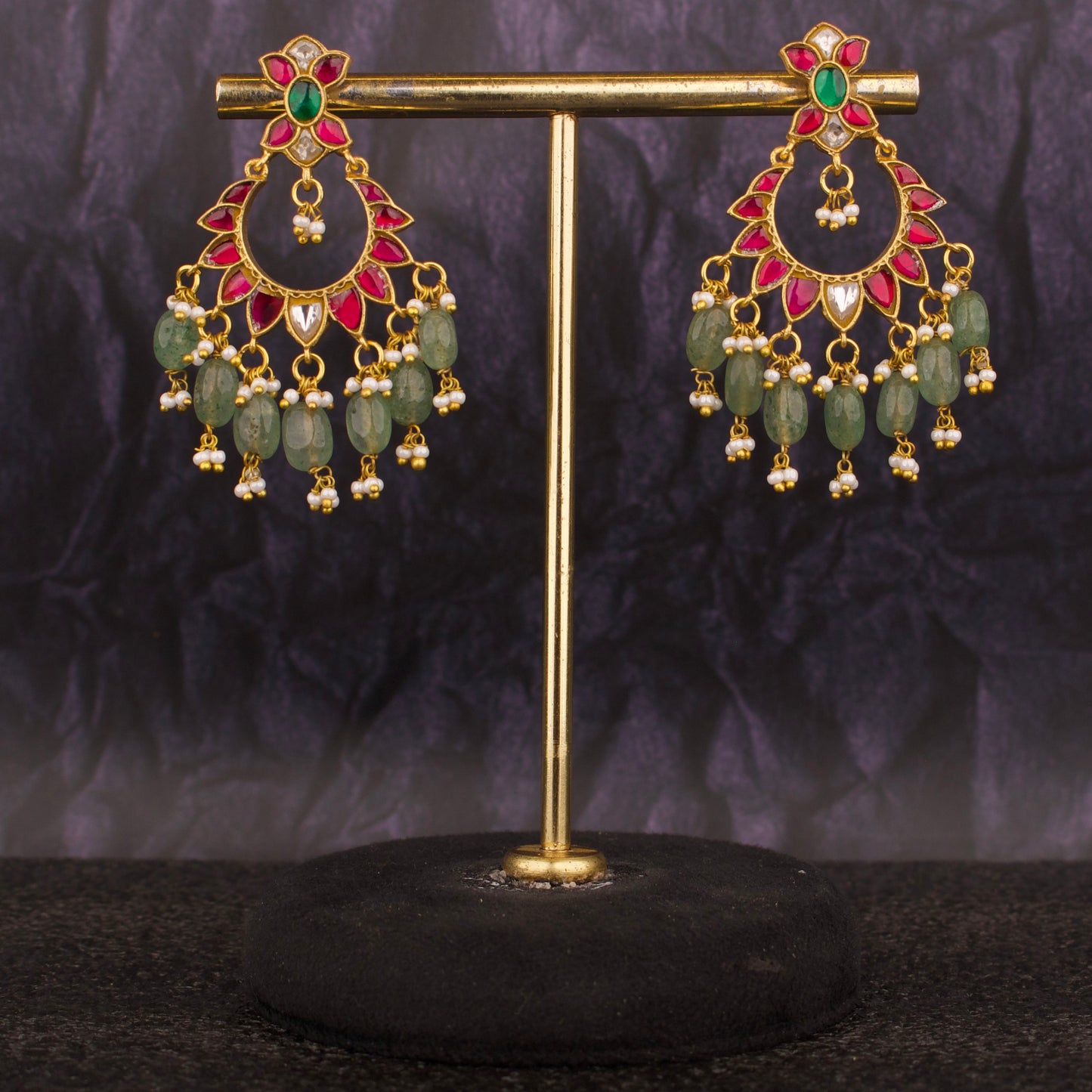 Dazzling Floral Design Jadau Kundan Chand Bali With Russian Beads Hanging - DULHAN JEWELS