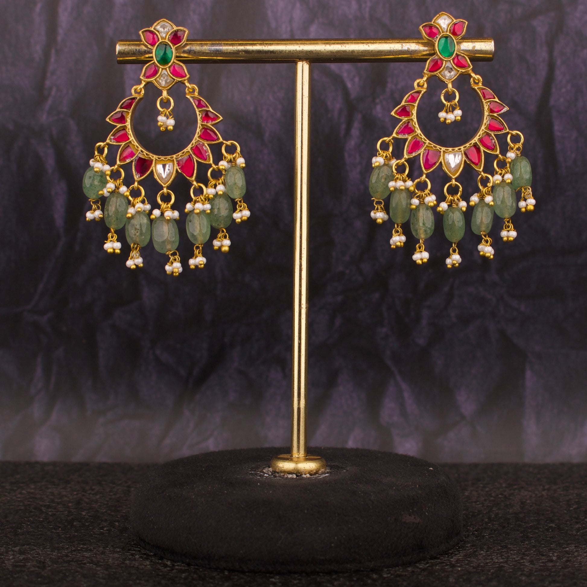 Dazzling Floral Design Jadau Kundan Chand Bali With Russian Beads Hanging - DULHAN JEWELS