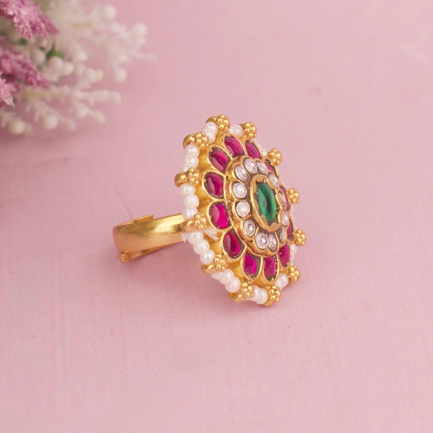 Floral Jadau Kundan Finger Ring With Ruby Stones And Emerald Center