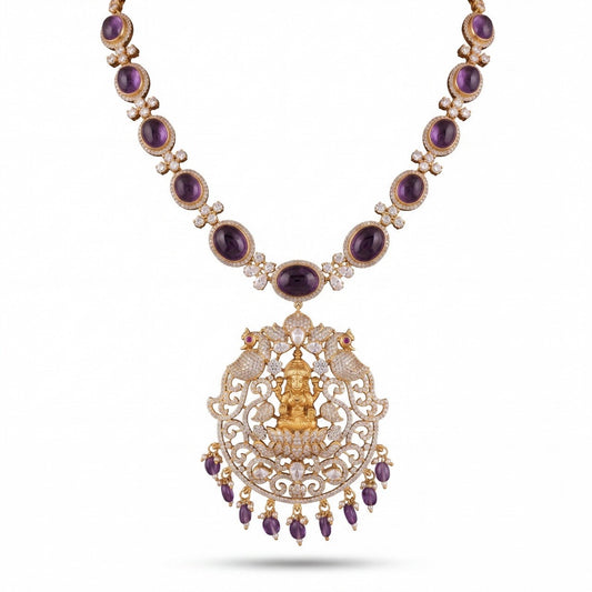 Premium antique gold Polki Temple Victorian Necklace set with Peacock Motifs adorned with pearls