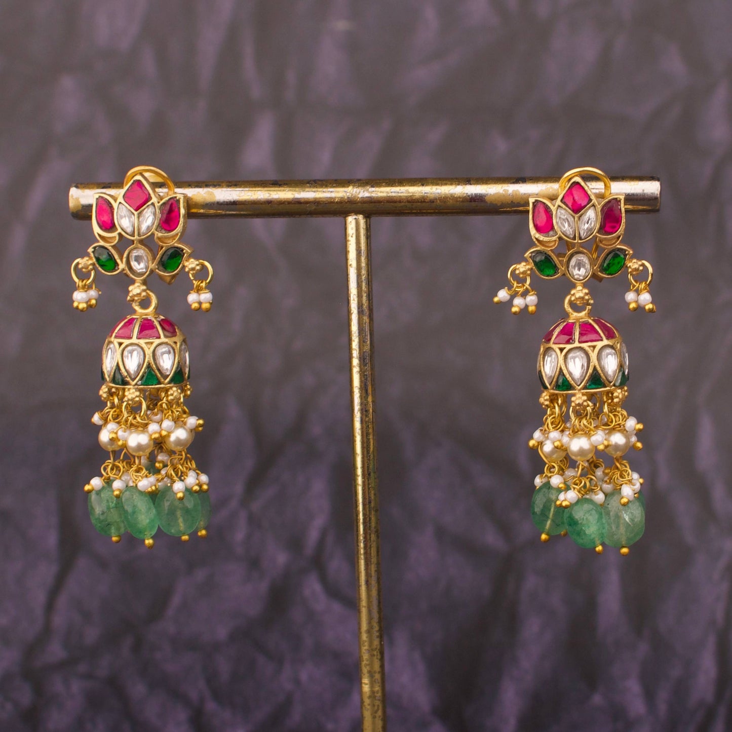 Lotus Design Jadau Kundan Jhumka With Pearls And Beads Hanging