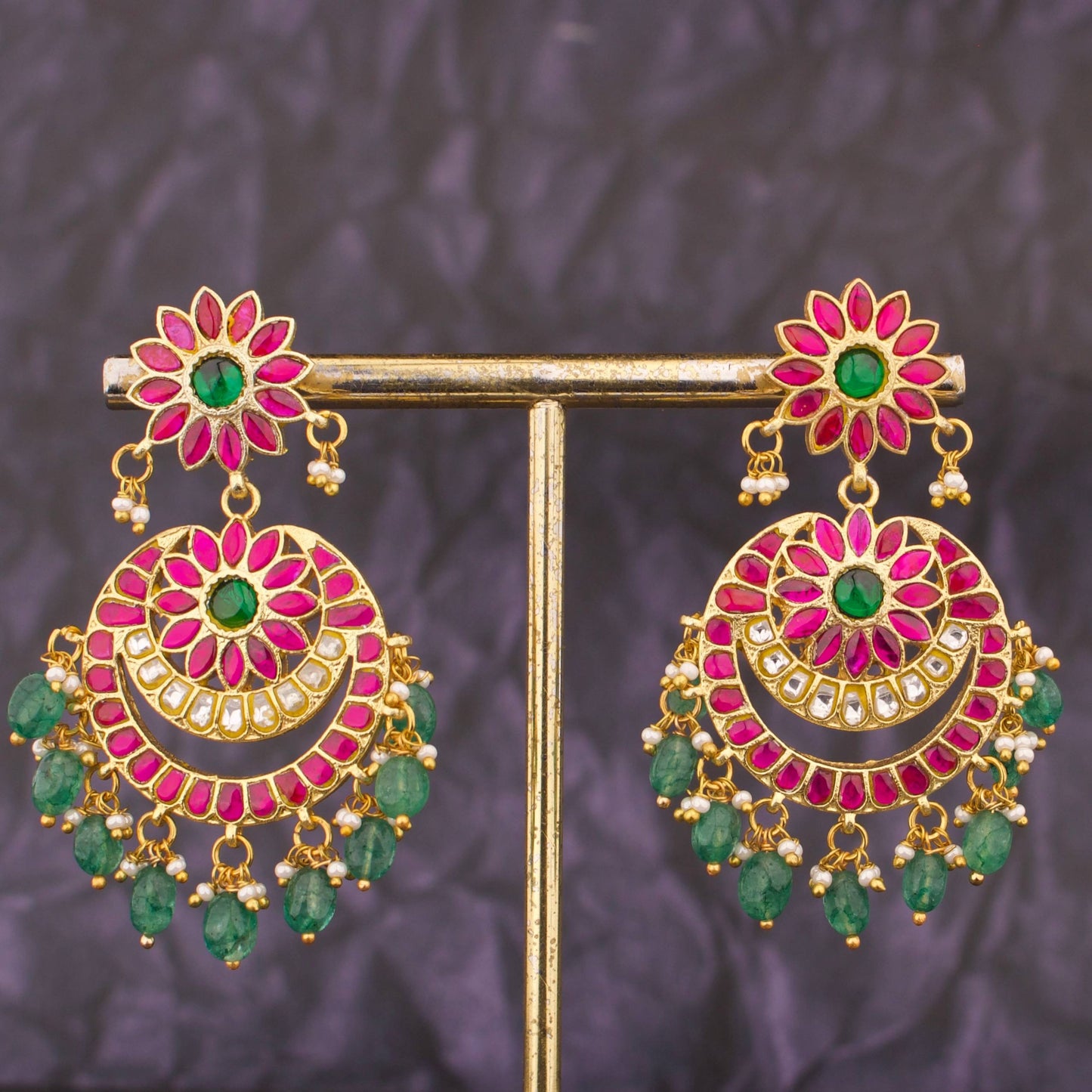 Floral Studded Bridal Chandbali Earrings With Beads Hangings