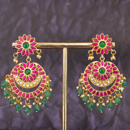 Floral Studded Bridal Chandbali Earrings With Beads Hangings