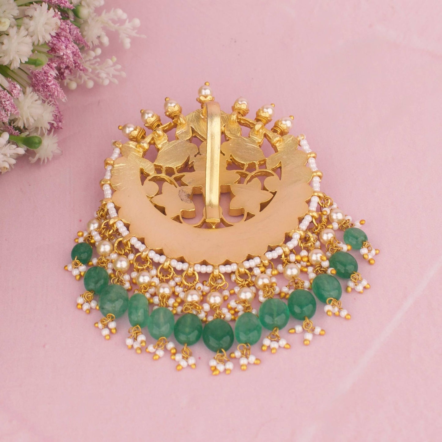 Opulent Jadau Kundan Floral Pendant With Emerald Beads