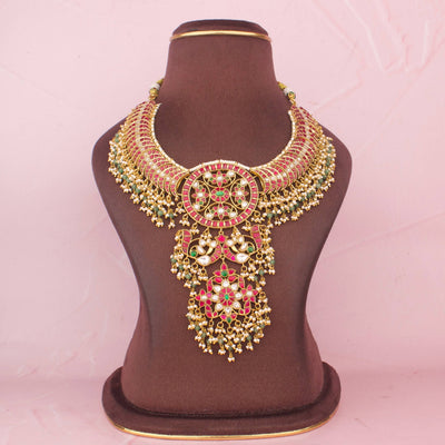 Grand Bridal Jadau Kundan Necklace With Floral Pendant