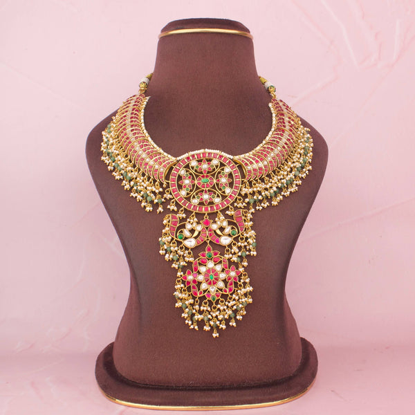 Grand Bridal Jadau Kundan Necklace With Floral Pendant