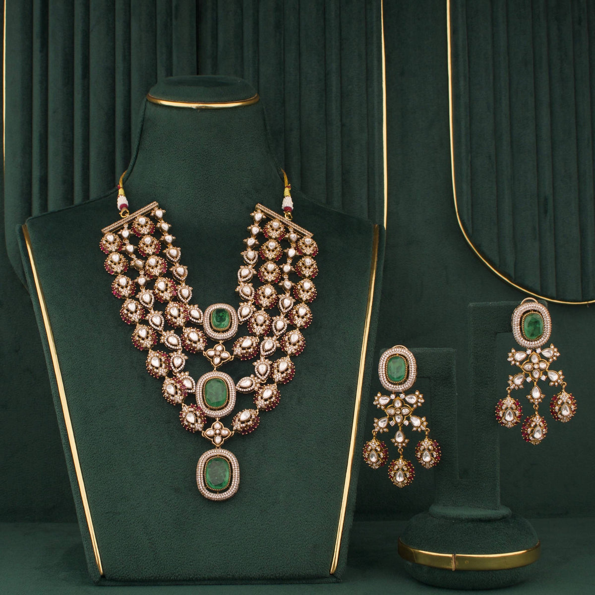 Royal Victorian Layered Polki Necklace Set With Emerald Green Stones And Matching Drop Earrings