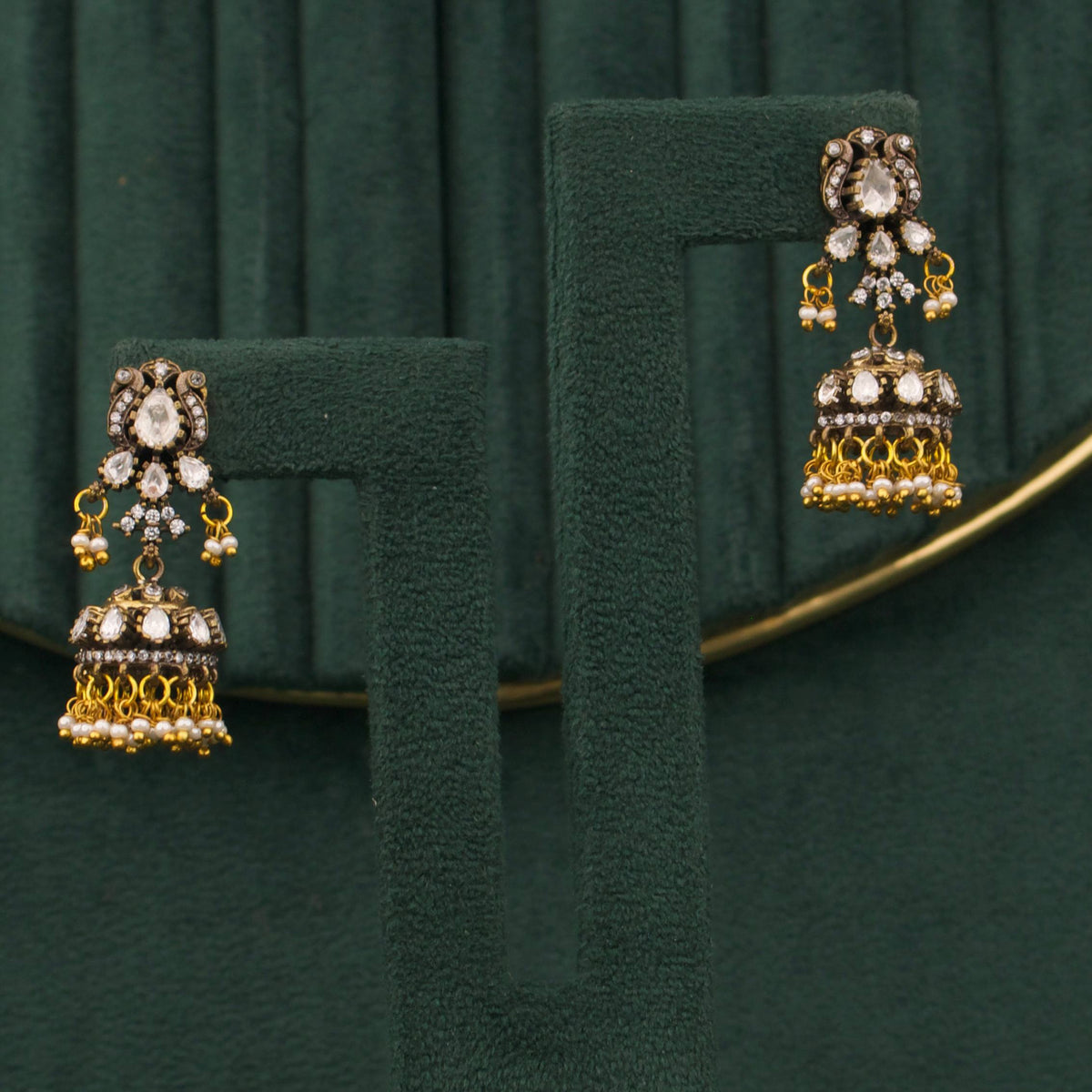 Classic Victorian Jhumki Earrings With White Drops