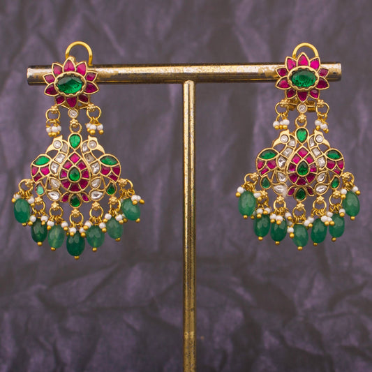 Phool Studded Jadau Kundan Chandbali Earrings With Emerald Bead Drops