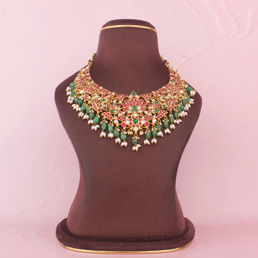 Royal Jadau Kundan Necklace With Emerald Beads And Pearl Drops