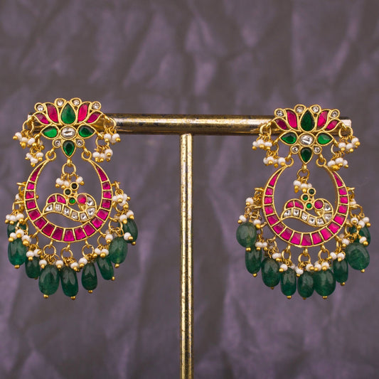 Designer Jadau Kundan Chandbali Earrings With Emerald Beads
