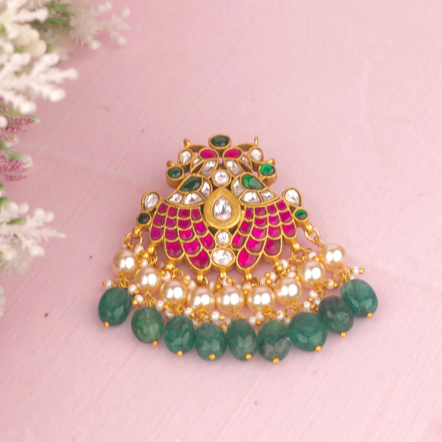 Peacock Jadau Kundan Pendant With Emerald Beads