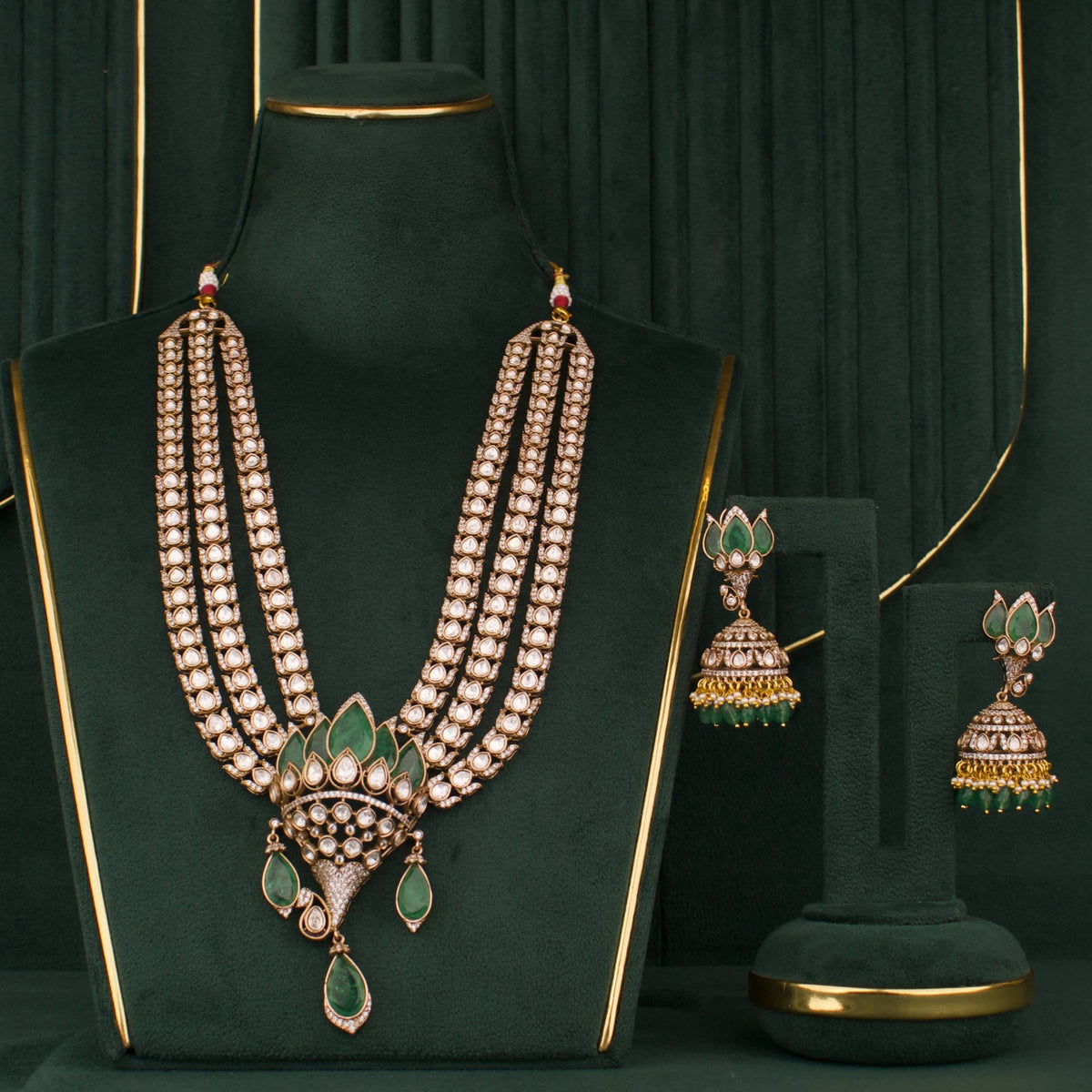 Premium Lotus Design Victorian Layer Haram Necklace Set set worn Indian bridal