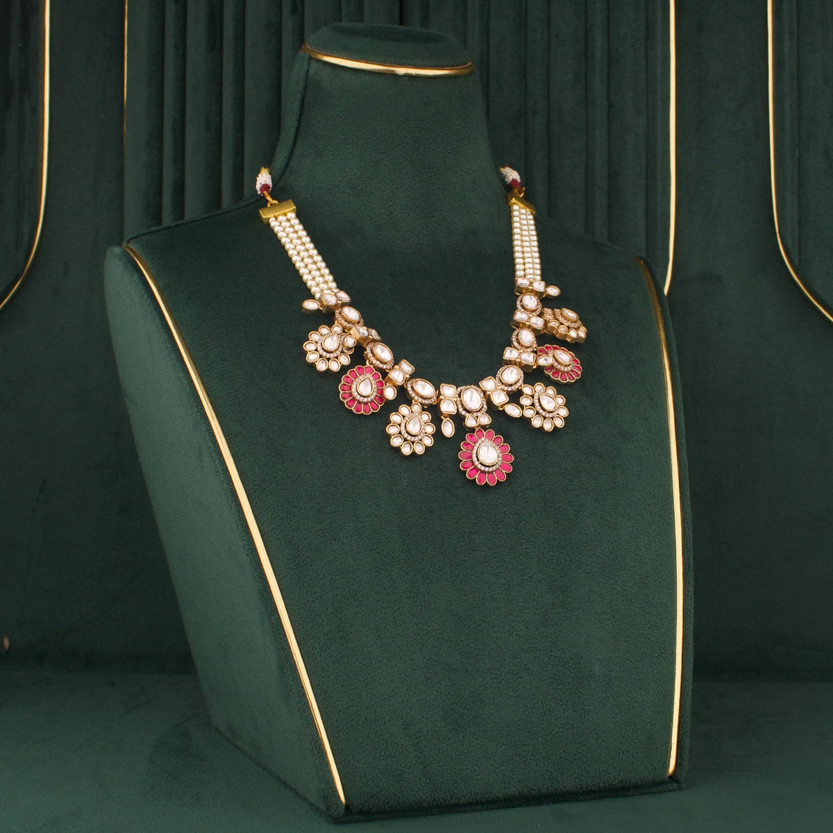 Victorian Polki Necklace Set With Floral Motifs And Matching Earrings