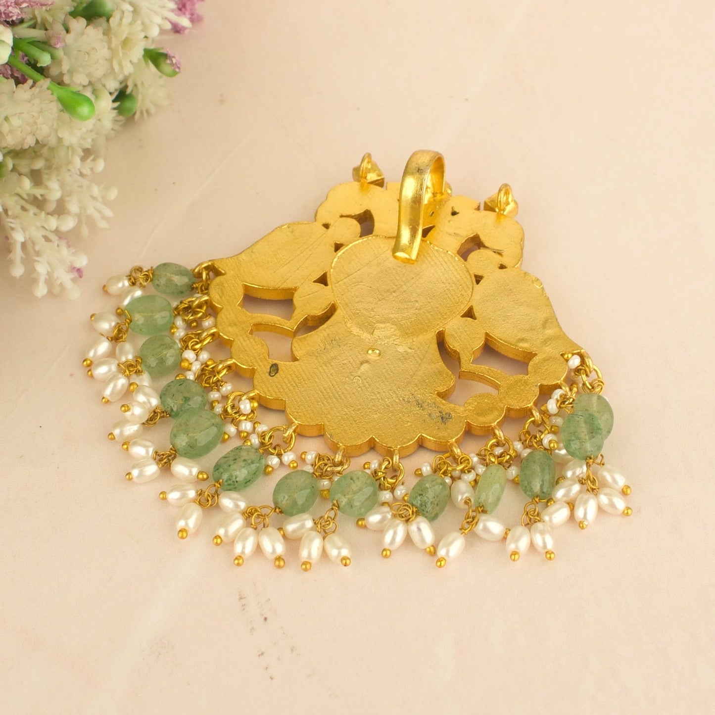 Floral Peacock Design Jadau Kundan Locket with Green Beads Hanging