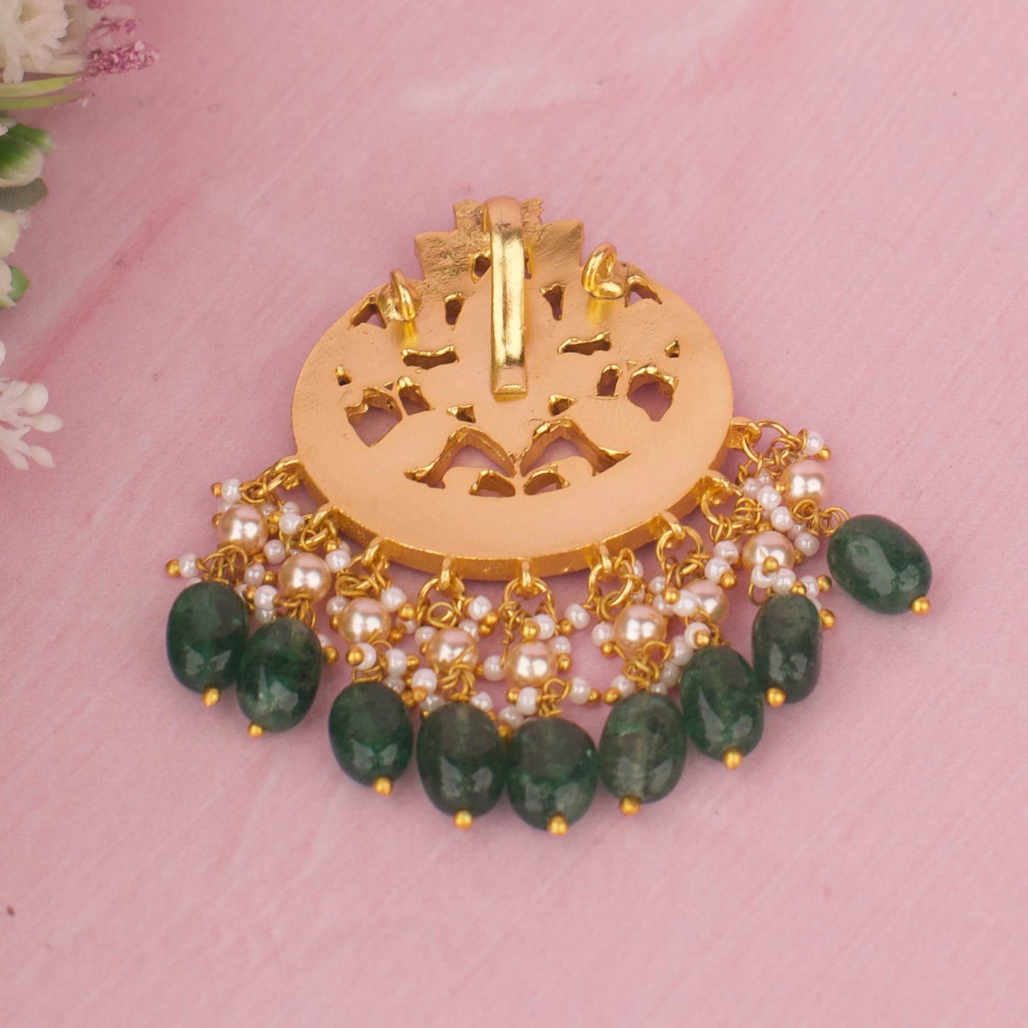 Regal Jadau Kundan Locket With Emerald Beads