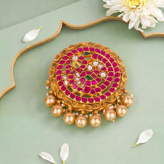 Antique Jadau Kundan Pendant With Pink Stone Embellishments And Golden Latkans