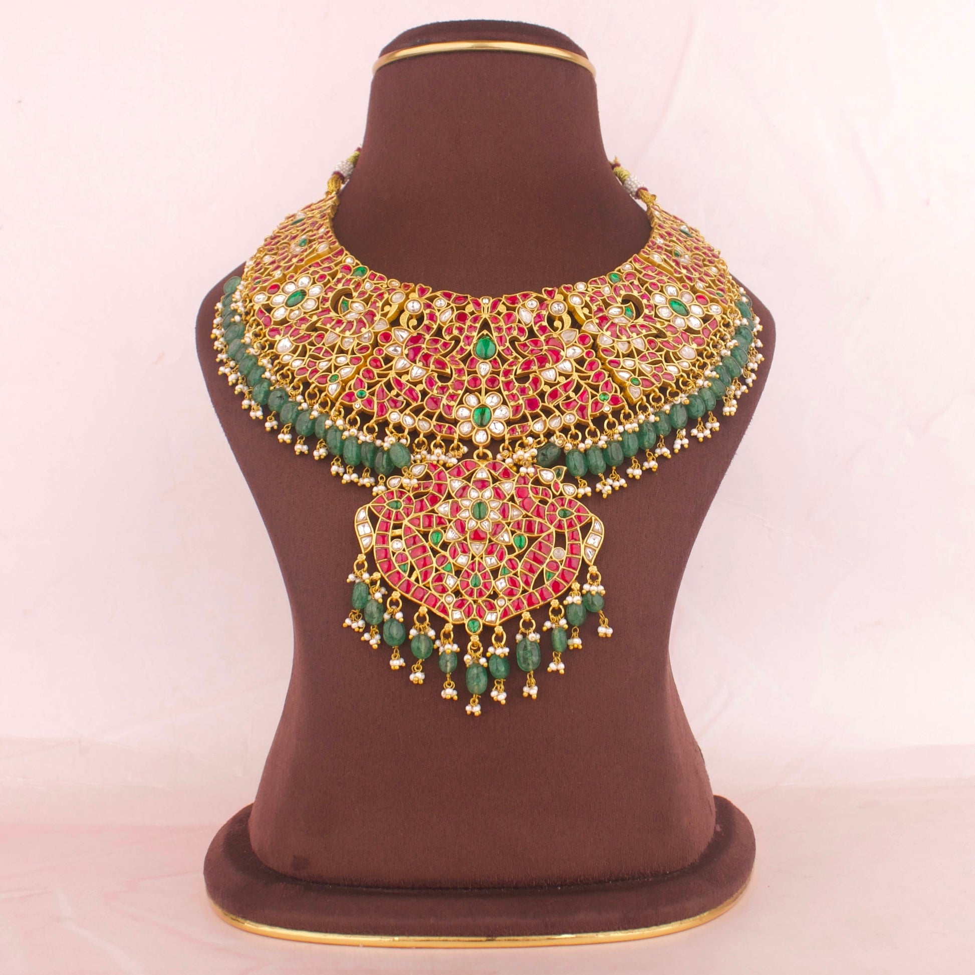 Traditional Grand Jadau Kundan Necklace WIth Guttapusalu Hangings - DULHAN JEWELS