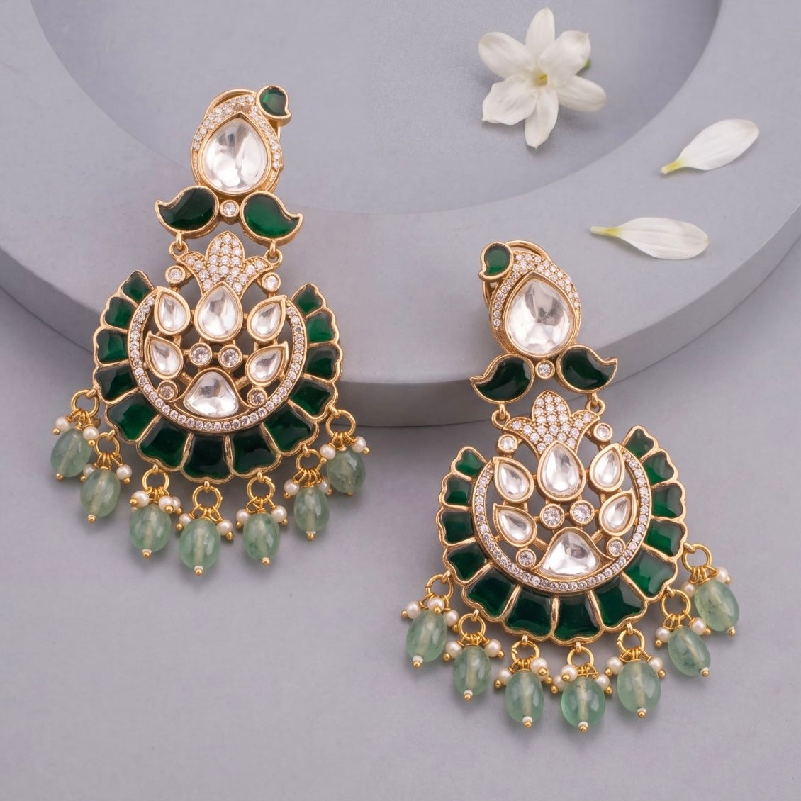 Victorian Polki and Kundan Fusion Chandbali with Pearl Accents - Handcrafted Indian Bridal Jewelry by Dulhan Jewels