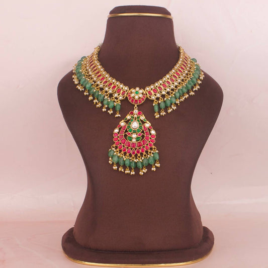 Unique Gold Inspired Jadau Kundan Necklace With Guttapusalu Hangings