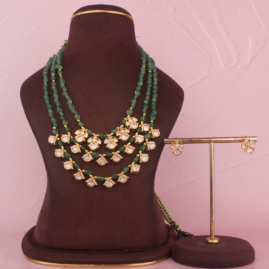 Layer By Layer Jadau Polki Beads Mala Set With Matching Earrings