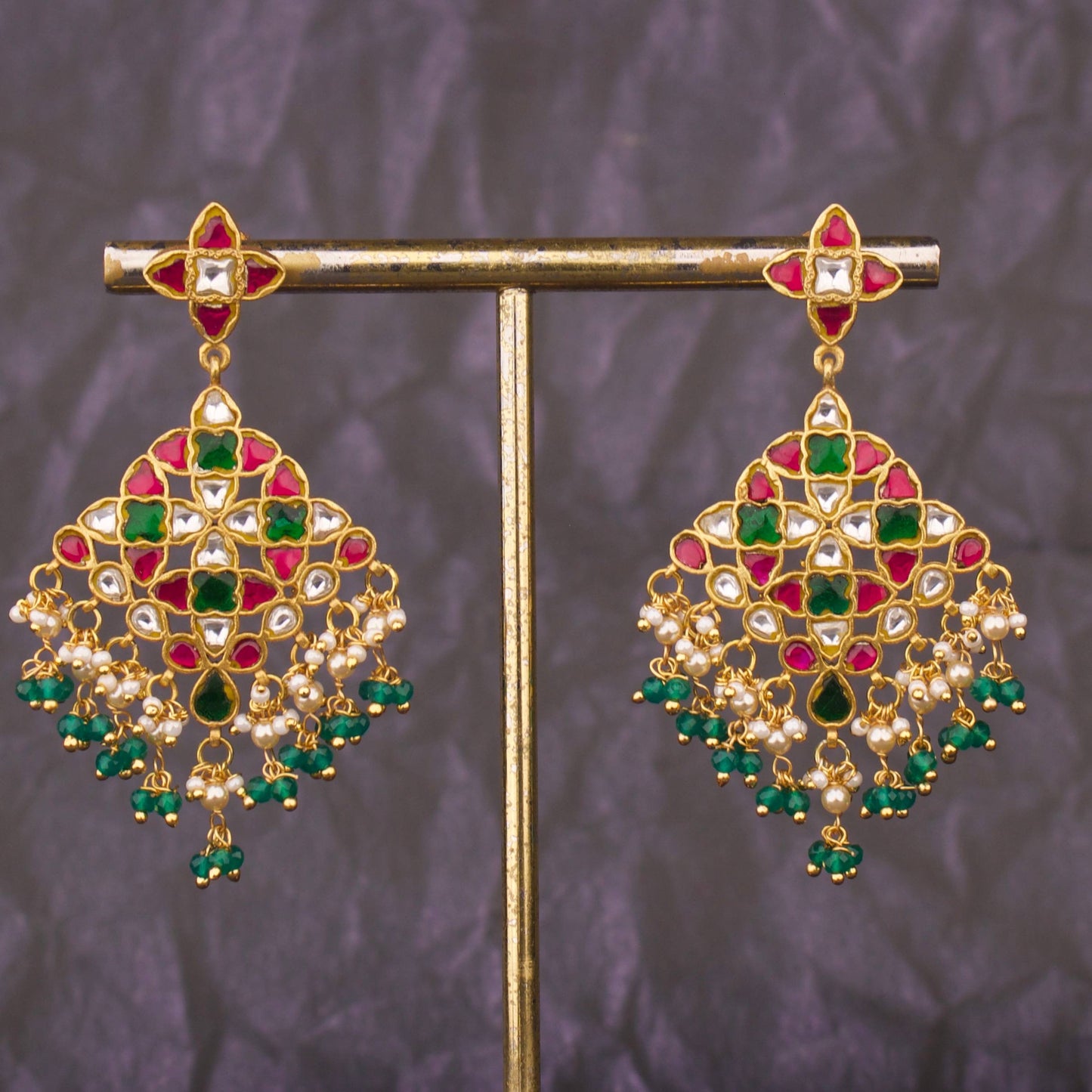 Elegant Jadau Kundan Chandbali Earrings With Green Drops