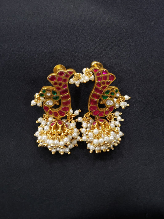 Gold Plated Peacock Jadau Kundan studs with Pearls