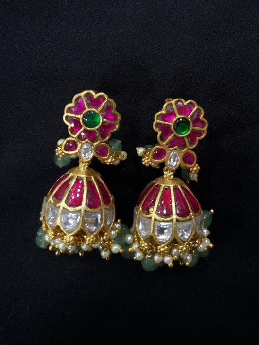 Pink & Green Floral Jadau Kundan Jhumka Earrings