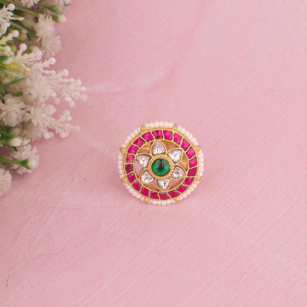 Elegant Jadau Kundan Ring With Floral Design And Pearl Bordering