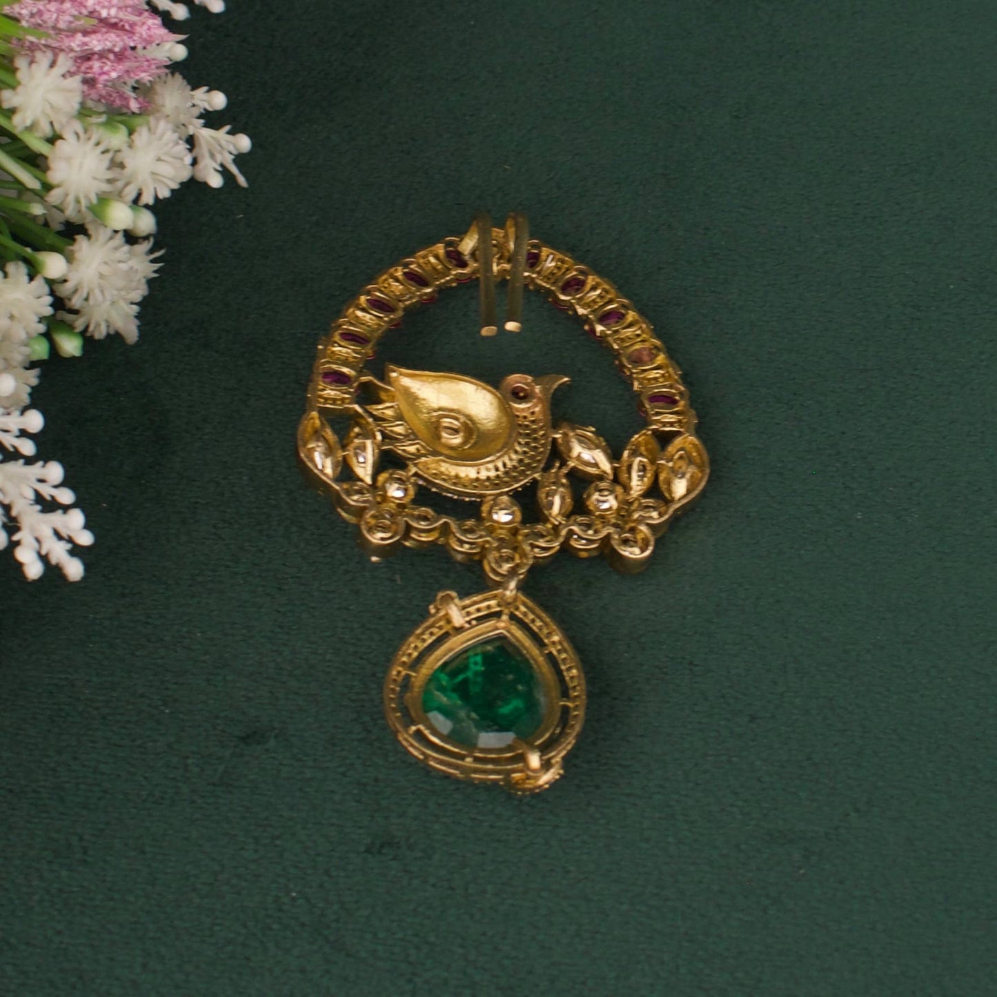 Regal Victorian Polki Pendant Set With Emerald Centerpiece And Floral Motif