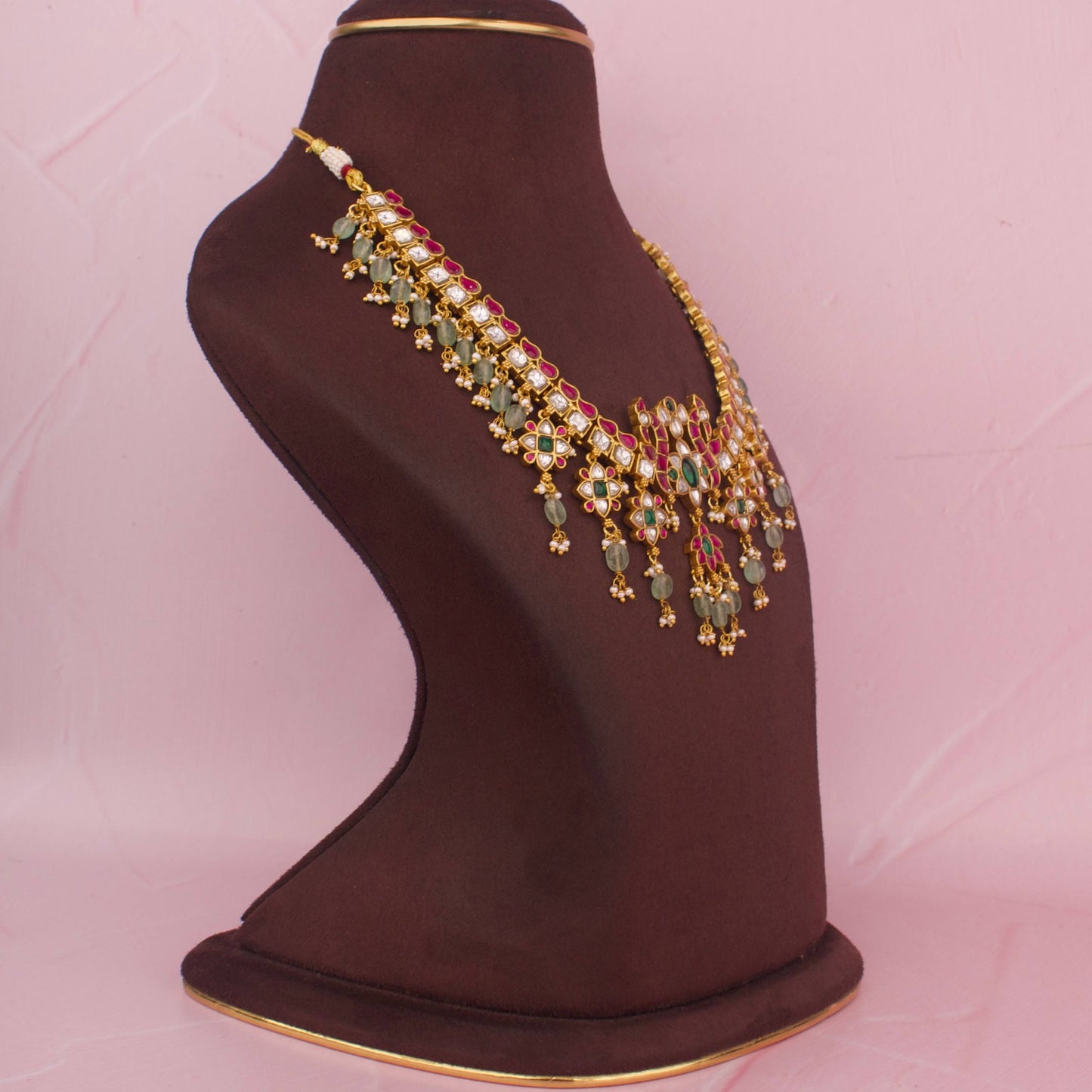 Sleek Jadau Kundan Necklace With Beads & Pearls Hangings