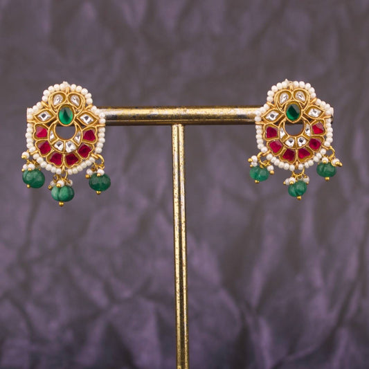 Stylish Chand Design Jadau Kundan Earrings with Green Drops