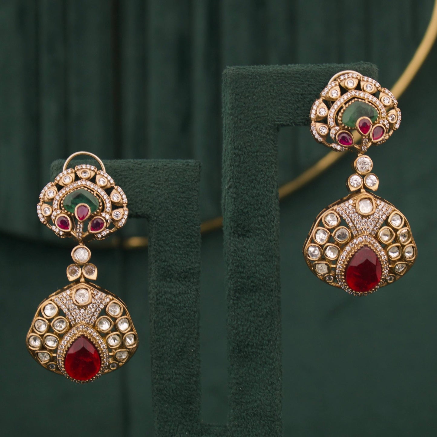 Victorian Ruby Emerald Polki Bridal Statement Necklace Set With Matching Earrings