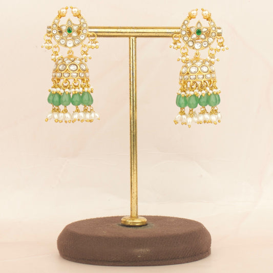 Chandbali Studded Jadau Kundan Jhumki With Green Beads & White Pearl Hanging