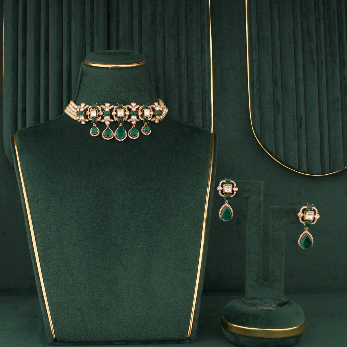 Victorian Emerald Choker Necklace with Matching Earrings - Handcrafted Indian Bridal Jewelry by Dulhan Jewels