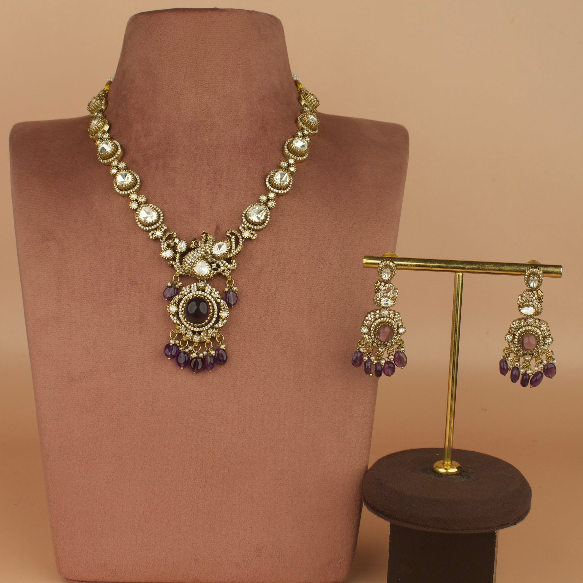 Royal Grandeur: Victorian Polki Necklace Set with Gemstone Accents with high quality Victorian finish 