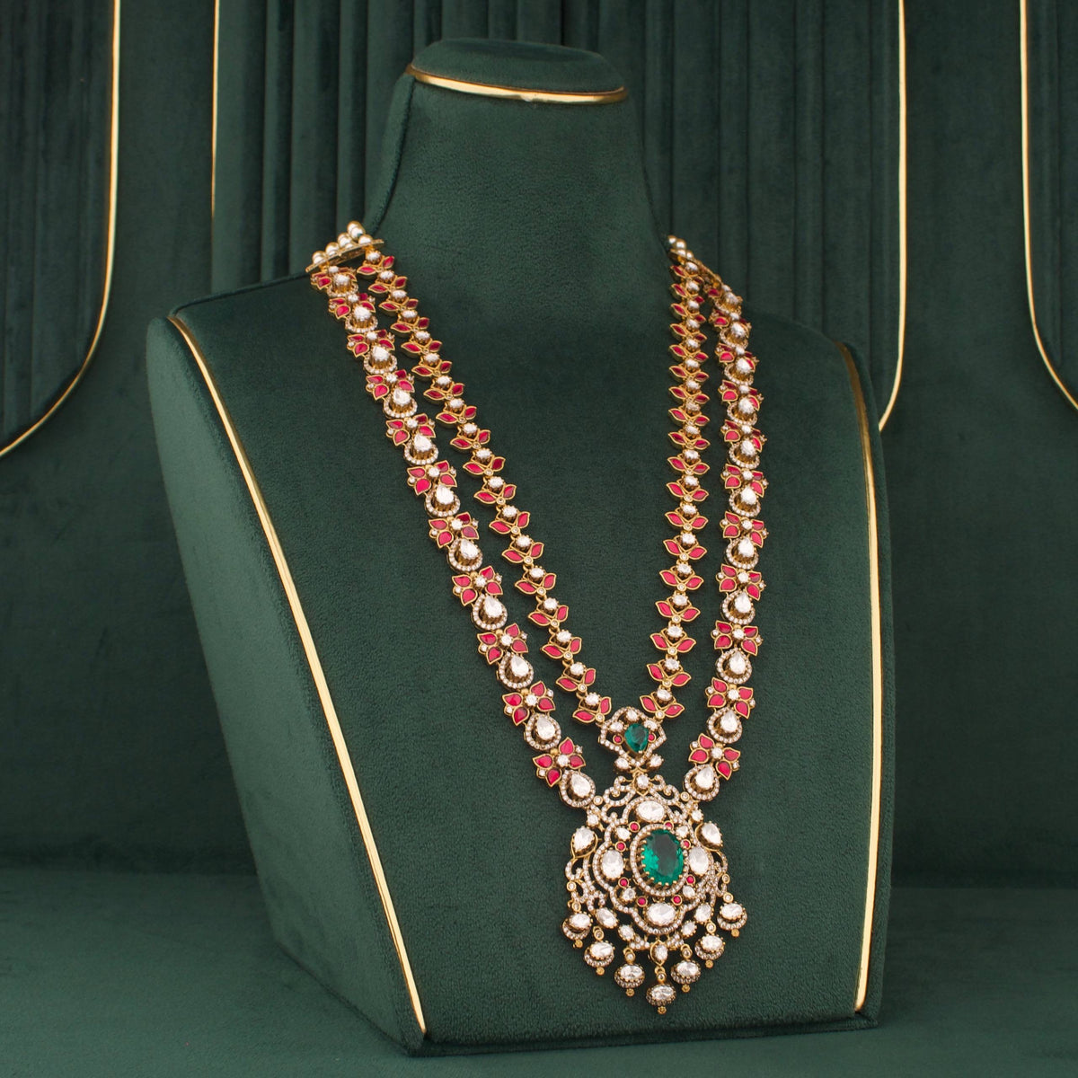 Vintage Emerald Victorian Necklace Set With Ruby And Polki Stones