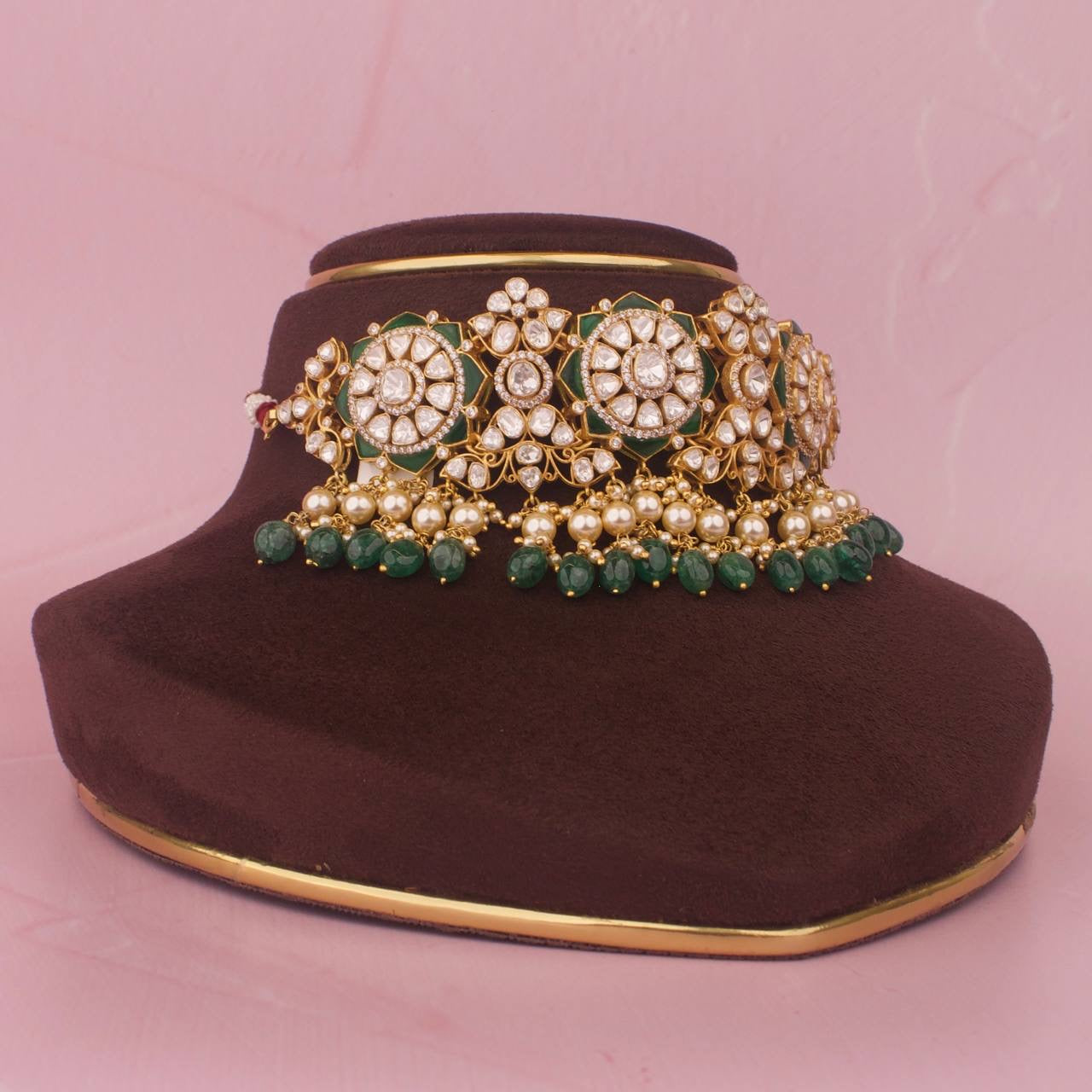 22k Gold Plated 925 Silver Moissanite Polki Choker With Guttapusalu Hangings