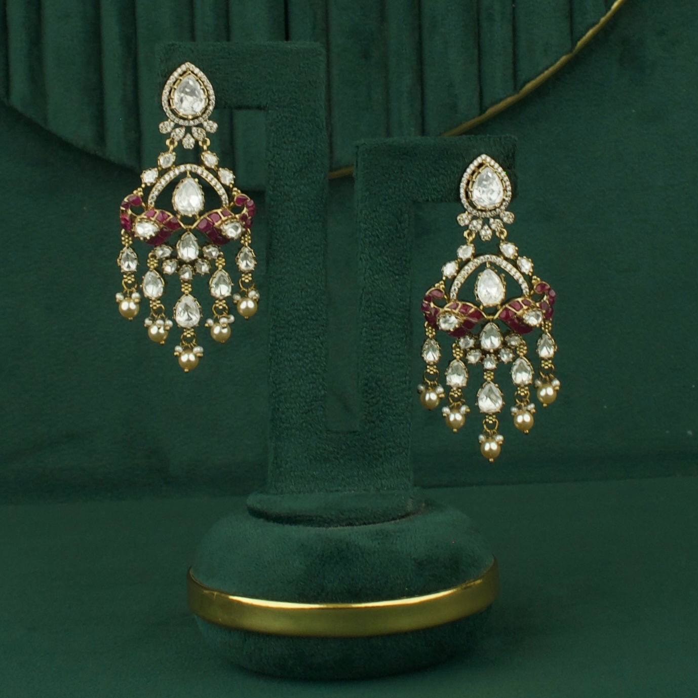 Captivating Polki Mehandi Victorian Chand Bali Earings With Swarovski Pearl