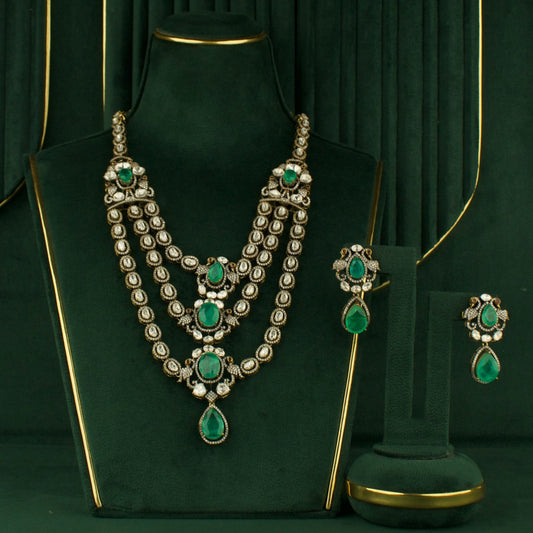 Bridal Graceful 3/ Layered Polki Victorian Necklace with Matching Earrings