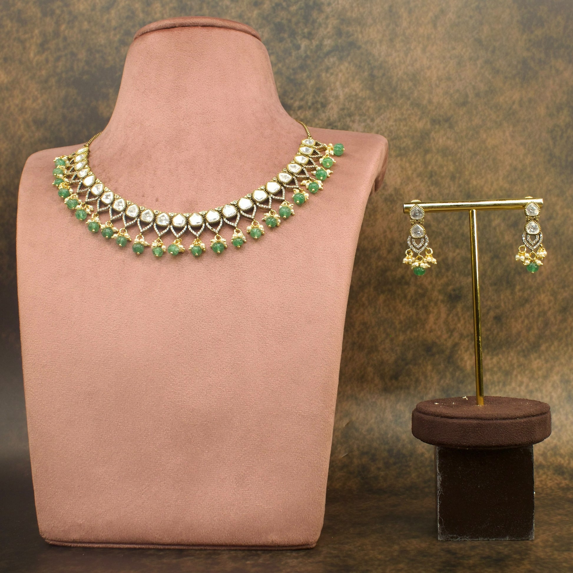 Victorian Polki Necklace Set with Emerald Pumpkin Beads with Victorian polish