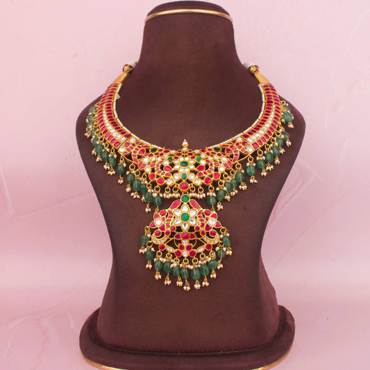 Exclusive Gold Inspired Jadau Kundan Necklace With Beads & Pearl Hanging