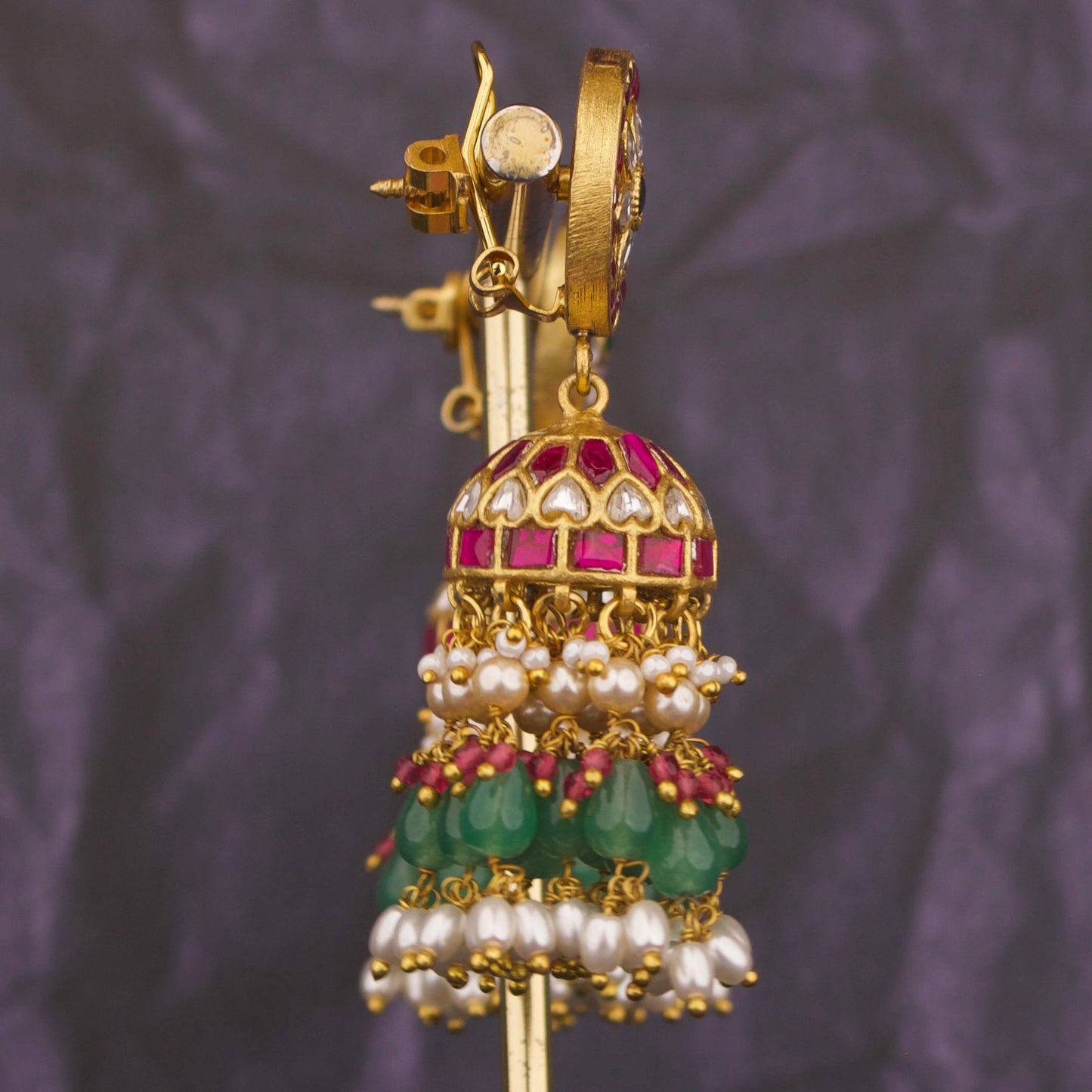 Unique  Jadau Kundan Jhumka with Swarovski Rice Hanging - Alternate View 1